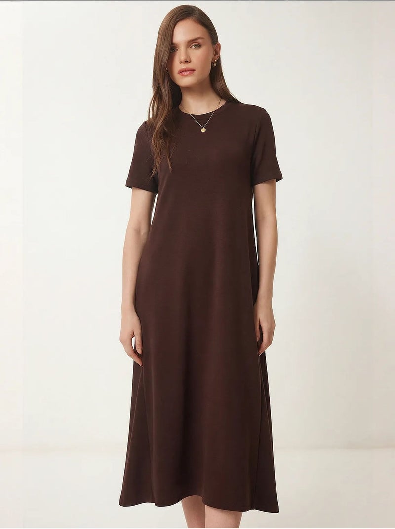 Midi-jurk met korte mouwen en ronde hals istanbul Donkerbruin - Kiabi