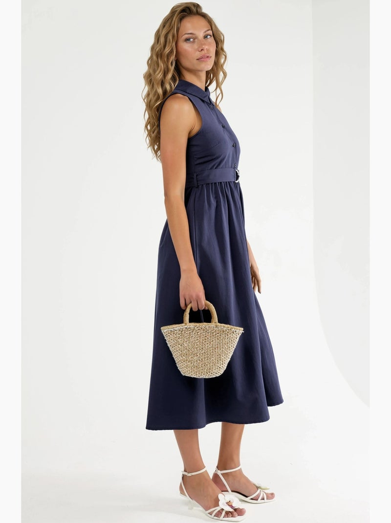 Midi-jurk met overhemdkraag en ceintuur busem Marineblauw - Kiabi