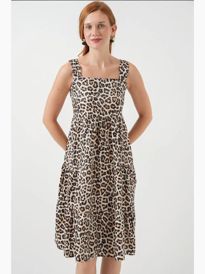 Midi-jurk met print en vierkante hals bdart Hazelnootbruin - Kiabi