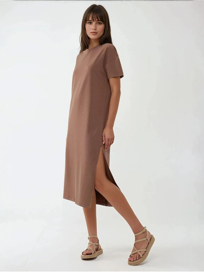 Midi-jurk met relaxte pasvorm en ronde hals hiccup Donkerbruin - Kiabi