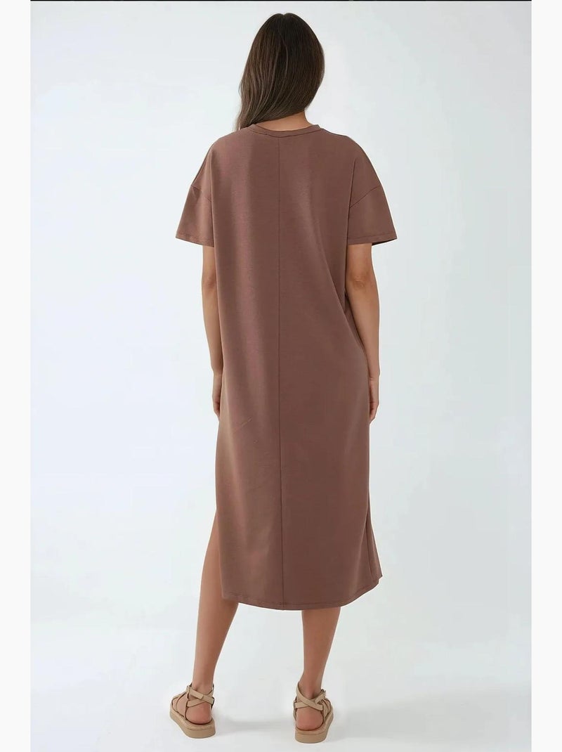 Midi-jurk met relaxte pasvorm en ronde hals hiccup Donkerbruin - Kiabi