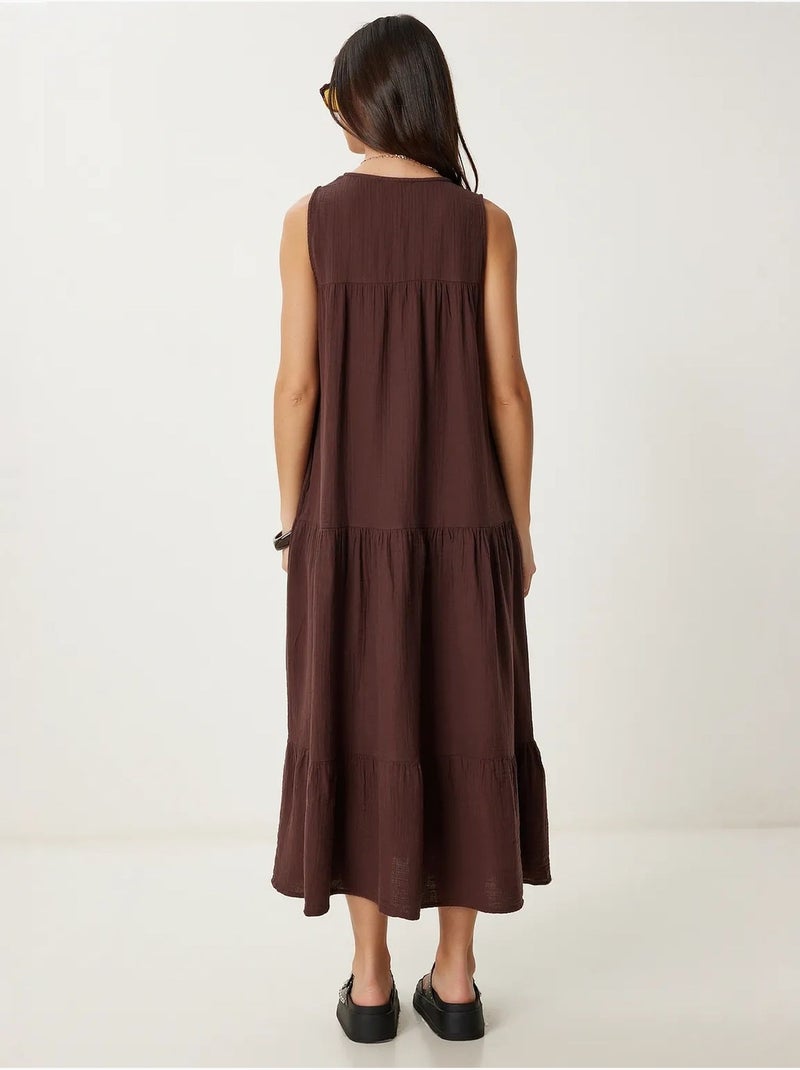 Midi-jurk met ruches en v-hals istanbul Chocoladebruin - Kiabi