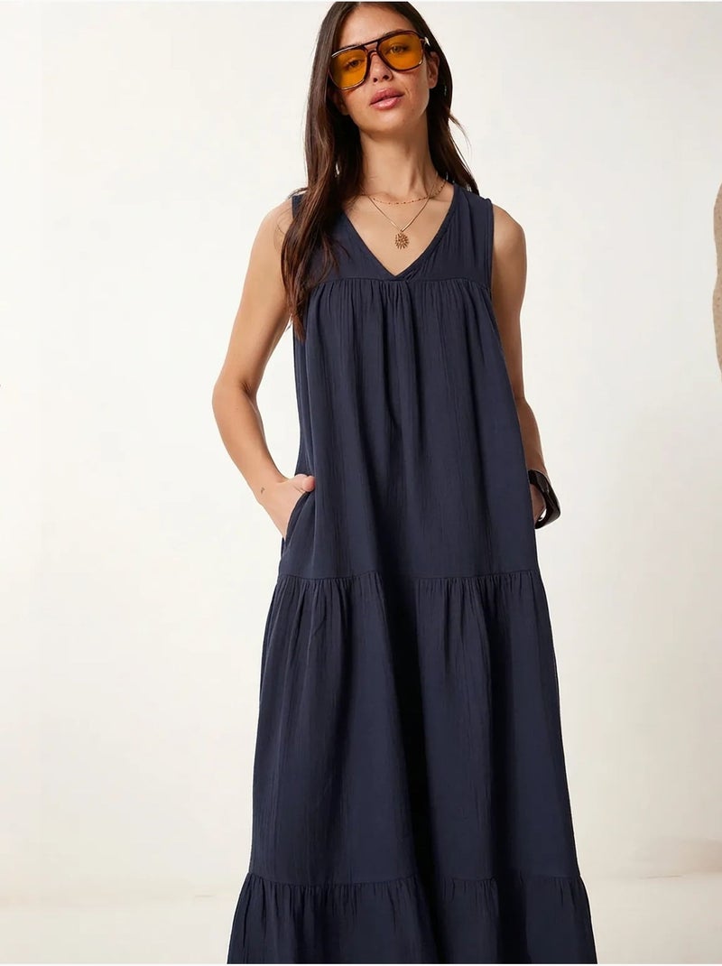 Midi-jurk met ruches en v-hals istanbul Marineblauw - Kiabi
