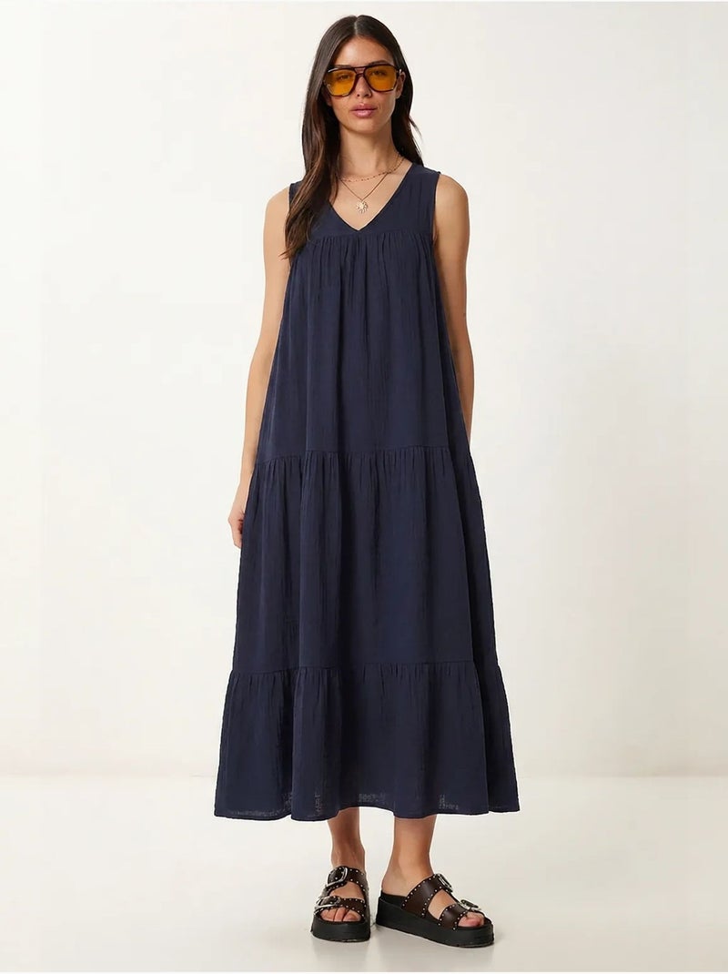Midi-jurk met ruches en v-hals istanbul Marineblauw - Kiabi