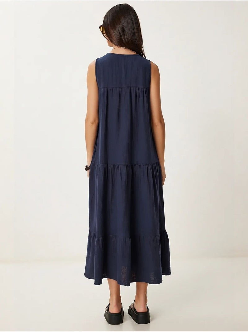 Midi-jurk met ruches en v-hals istanbul Marineblauw - Kiabi