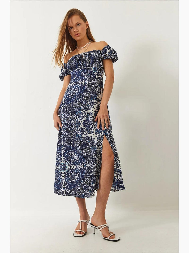 Midi-jurk met strikbandjes en splitdetail lucci Lichtblauw - Kiabi