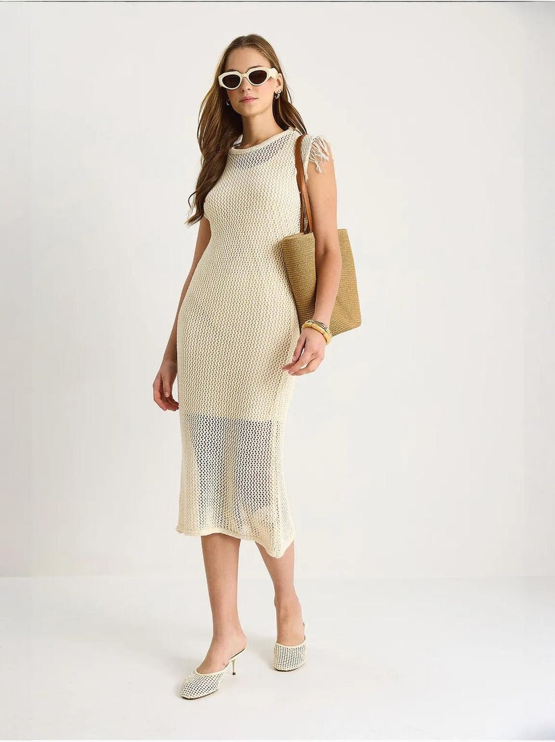 Midi-jurk met textuur en ruchesdetail lucci Ivoor - Kiabi