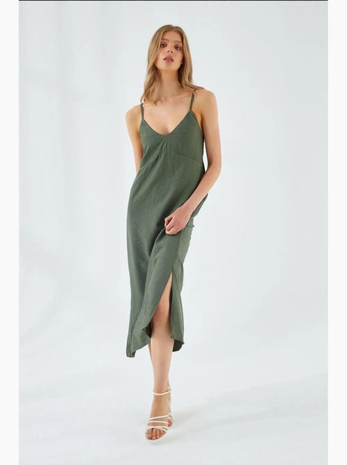 Midi-jurk met v-hals en split mixray - Kiabi