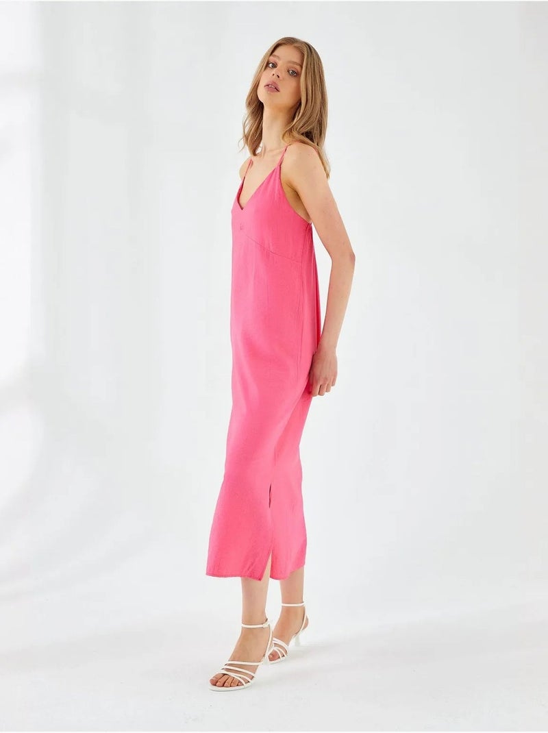 Midi-jurk met v-hals en split mixray Fluorroze/Solinotes - Kiabi