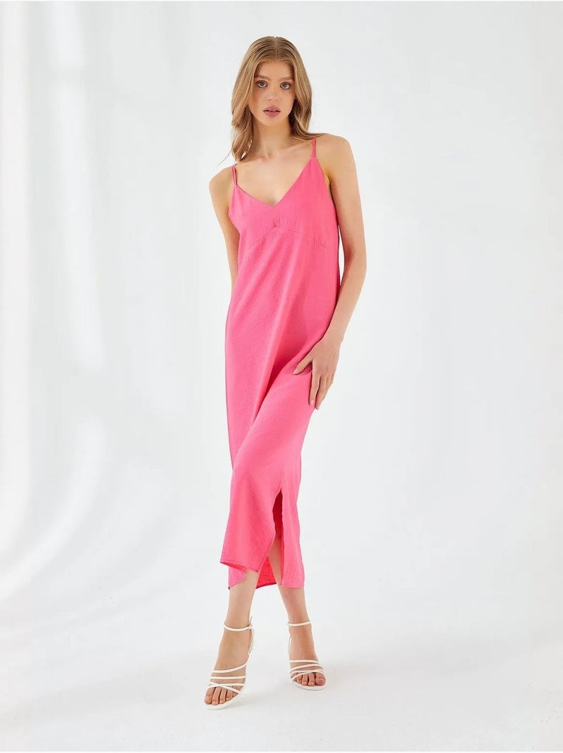 Midi-jurk met v-hals en split mixray Fluorroze/Solinotes - Kiabi