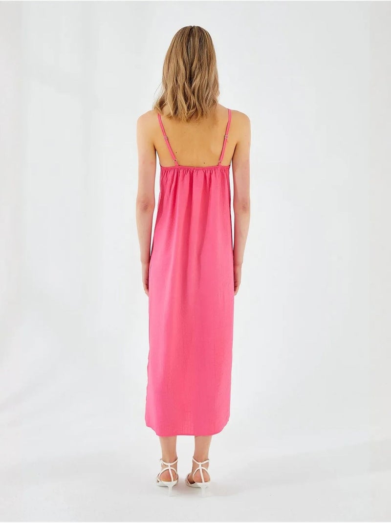 Midi-jurk met v-hals en split mixray Fluorroze/Solinotes - Kiabi