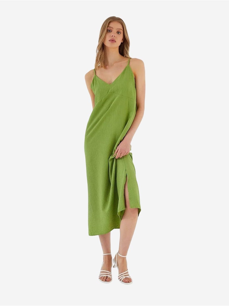 Midi-jurk met v-hals en split mixray Groen - Kiabi