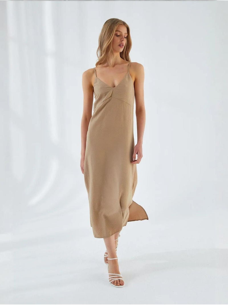 Midi-jurk met v-hals en split mixray Klei-beige - Kiabi