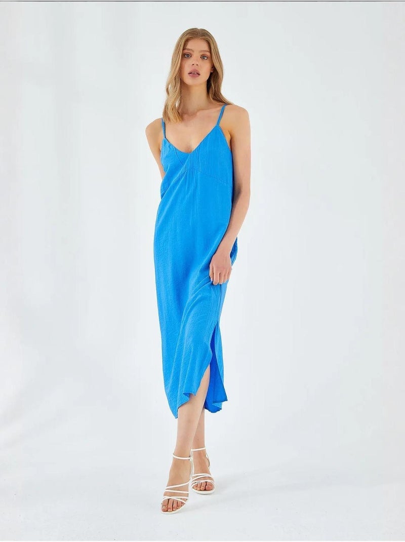 Midi-jurk met v-hals en split mixray Kobaltblauw - Kiabi