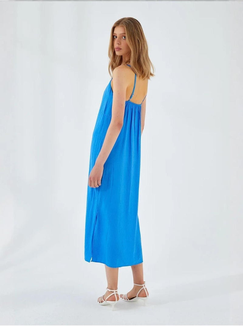 Midi-jurk met v-hals en split mixray Kobaltblauw - Kiabi
