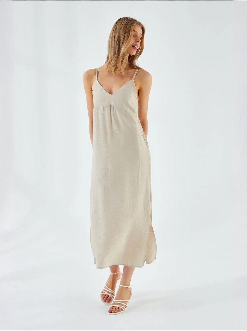Midi-jurk met v-hals en split mixray Zand - Kiabi
