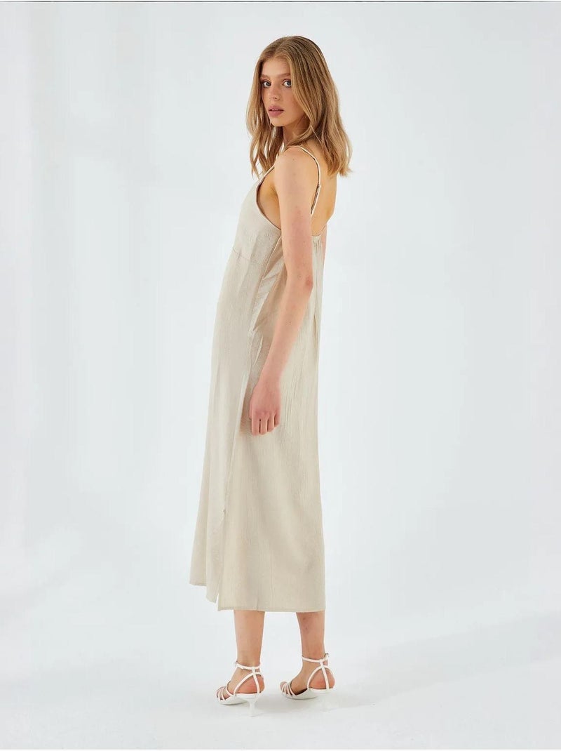 Midi-jurk met v-hals en split mixray Zand - Kiabi