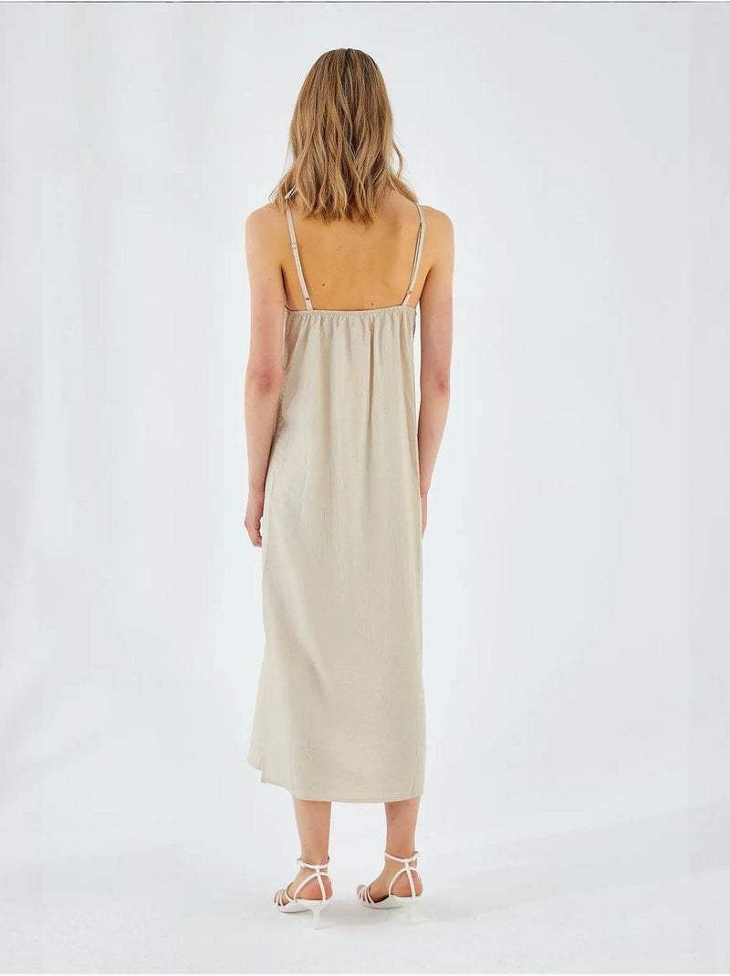 Midi-jurk met v-hals en split mixray Zand - Kiabi