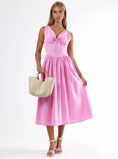 Midi-jurk met v-hals en strikdetail busem - Kiabi
