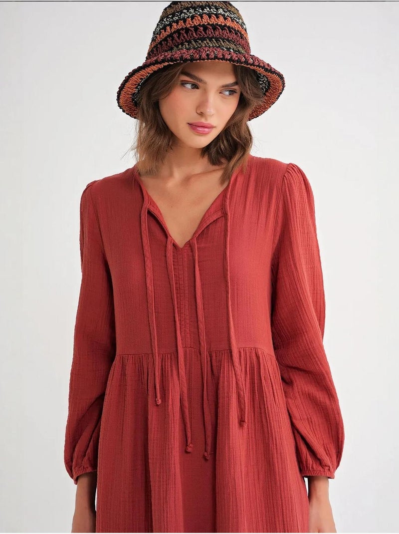 Midi-jurk met v-hals en striksluiting mixray Donkerrood - Kiabi