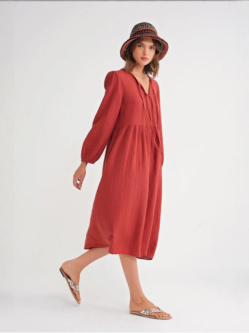 Midi-jurk met v-hals en striksluiting mixray Donkerrood - Kiabi