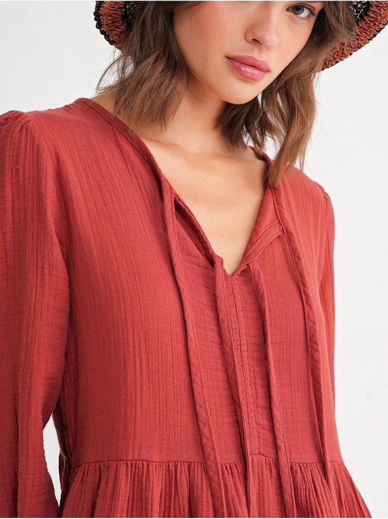 Midi-jurk met v-hals en striksluiting mixray Donkerrood - Kiabi