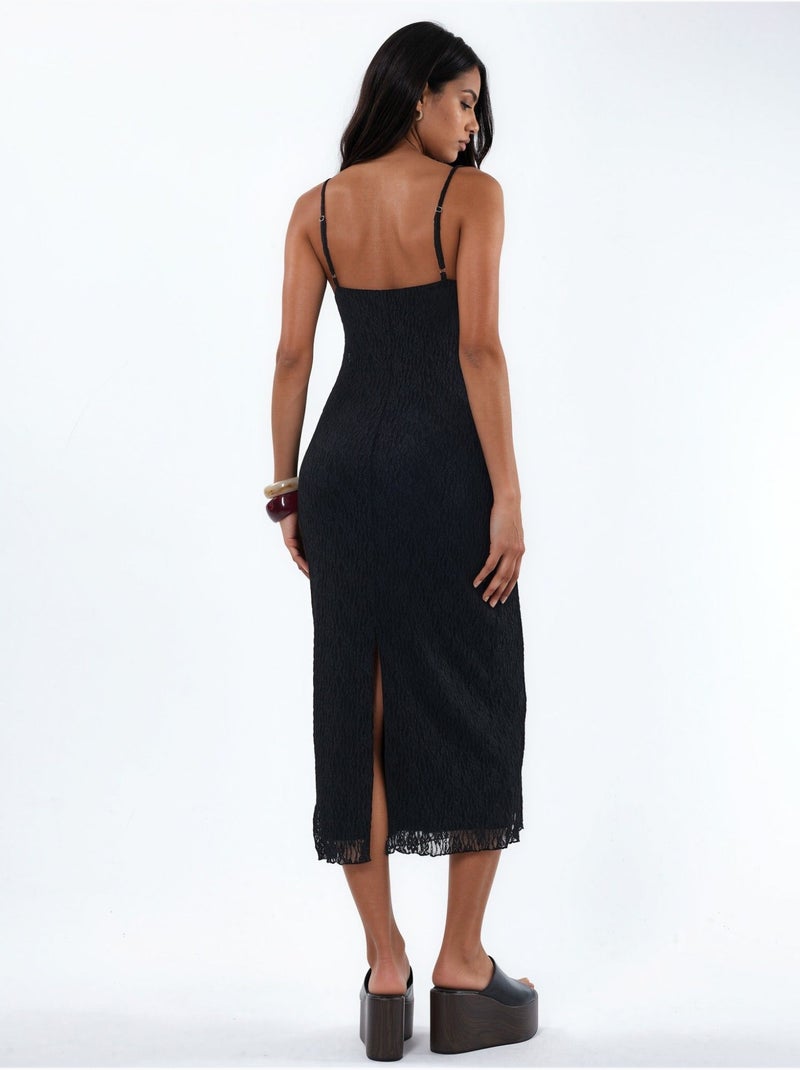 Midi-jurk met V-hals, kant en bodycon-pasvorm Zwart - Kiabi