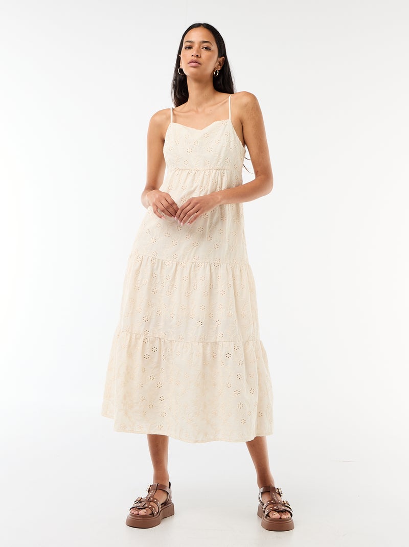 Midi-jurk van broderie anglaise met verstelbare bandjes Biege - Kiabi