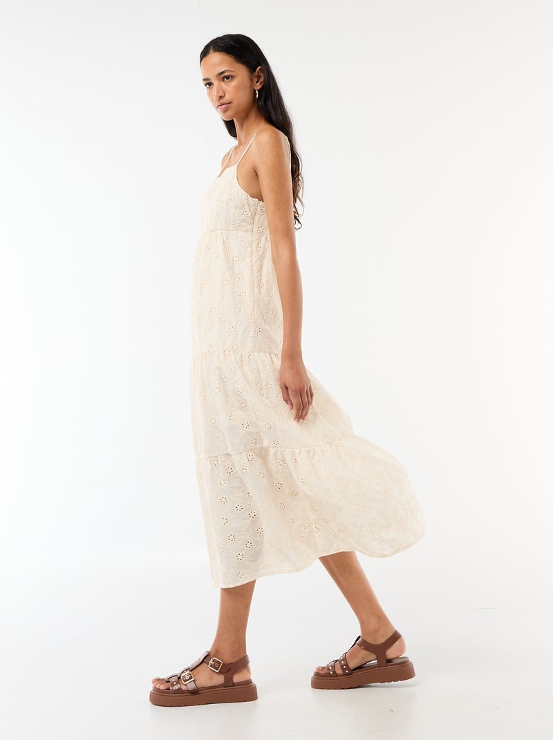 Midi-jurk van broderie anglaise met verstelbare bandjes Biege - Kiabi