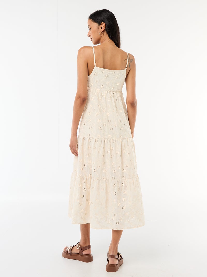 Midi-jurk van broderie anglaise met verstelbare bandjes Biege - Kiabi