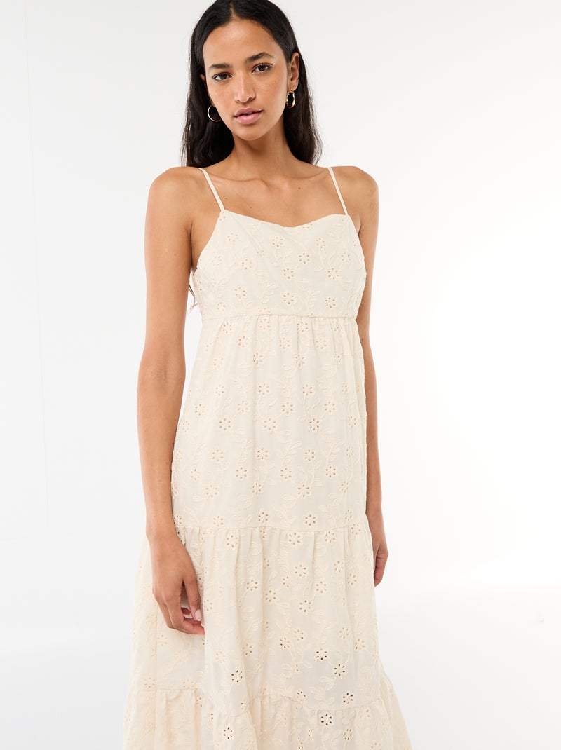 Midi-jurk van broderie anglaise met verstelbare bandjes Biege - Kiabi
