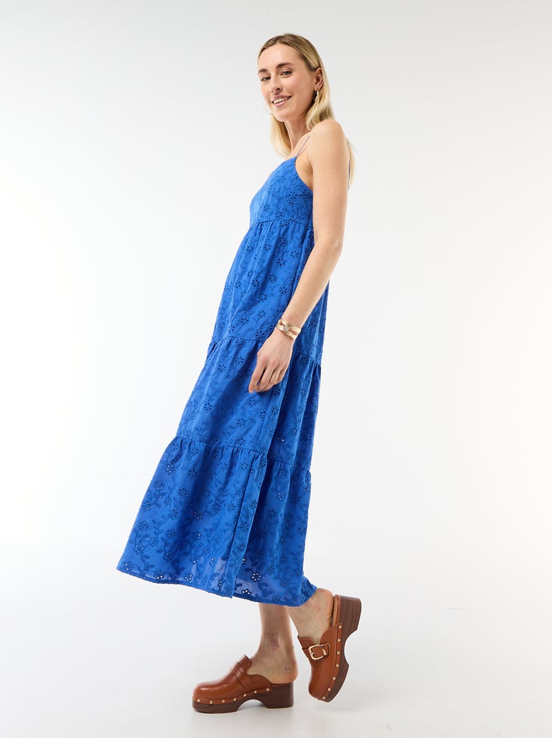 Midi-jurk van broderie anglaise met verstelbare bandjes Blauw - Kiabi