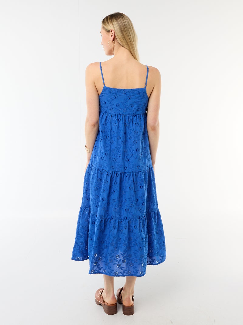 Midi-jurk van broderie anglaise met verstelbare bandjes Blauw - Kiabi