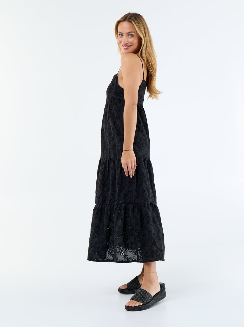 Midi-jurk van broderie anglaise met verstelbare bandjes Zwart - Kiabi