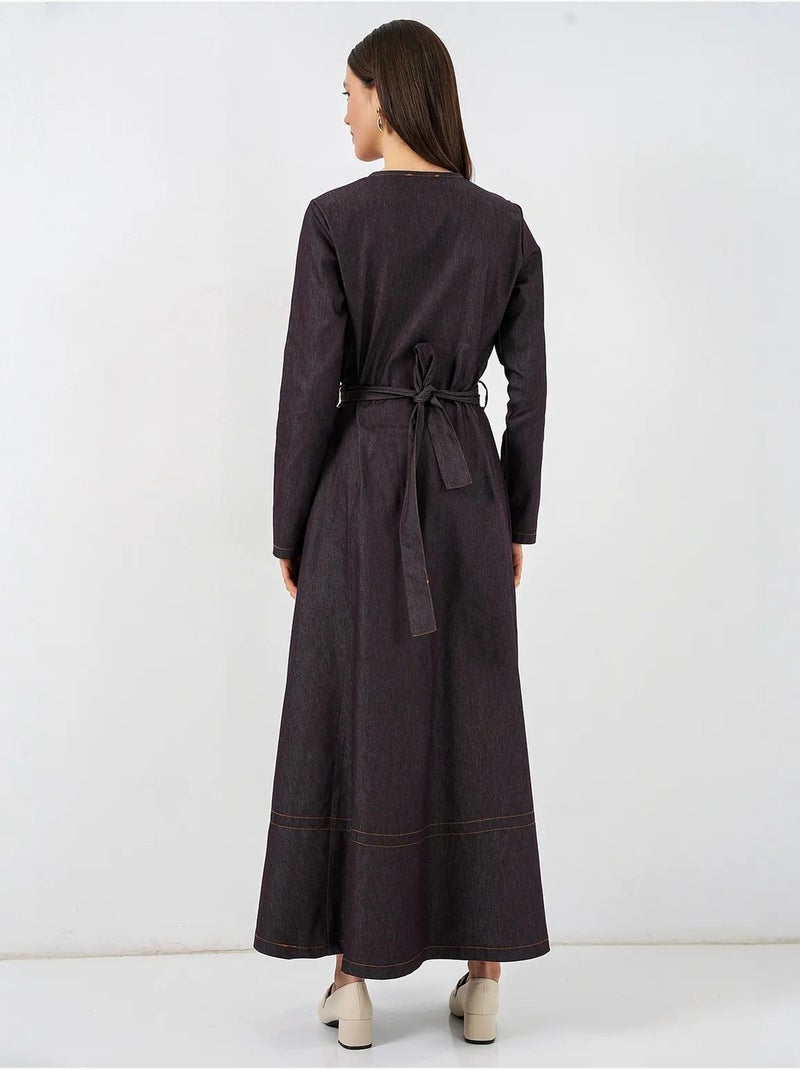 Midi-jurk van denim met riem bdart Chocoladebruin - Kiabi