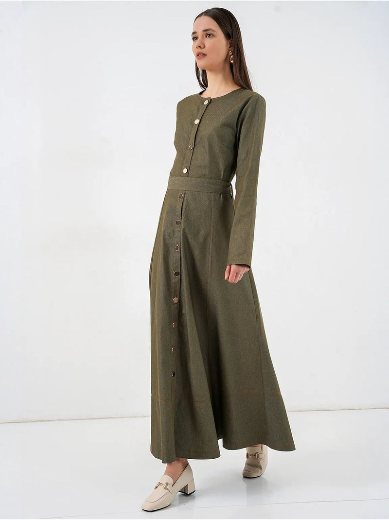 Midi-jurk van denim met riem bdart Kaki - Kiabi