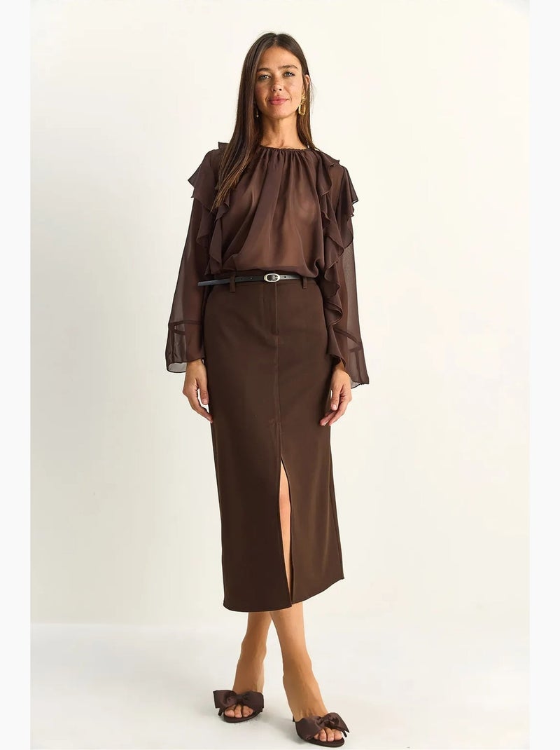 Midi kokerrok met hoge taille en split lucci Bruin - Kiabi
