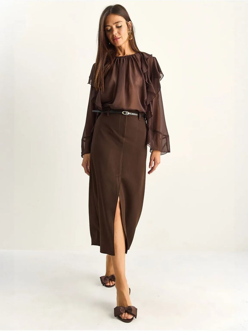 Midi kokerrok met hoge taille en split lucci Bruin - Kiabi