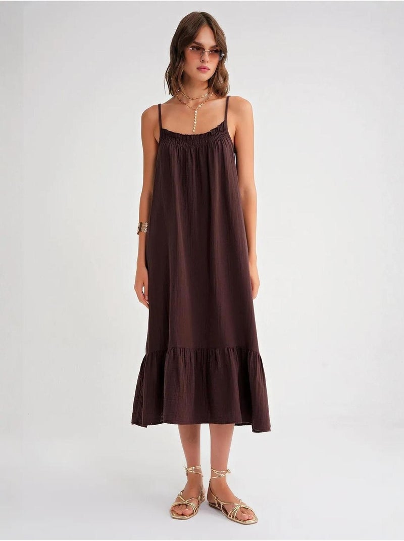 Midi mousseline jurk met ruchesdetail mixray Chocoladebruin - Kiabi