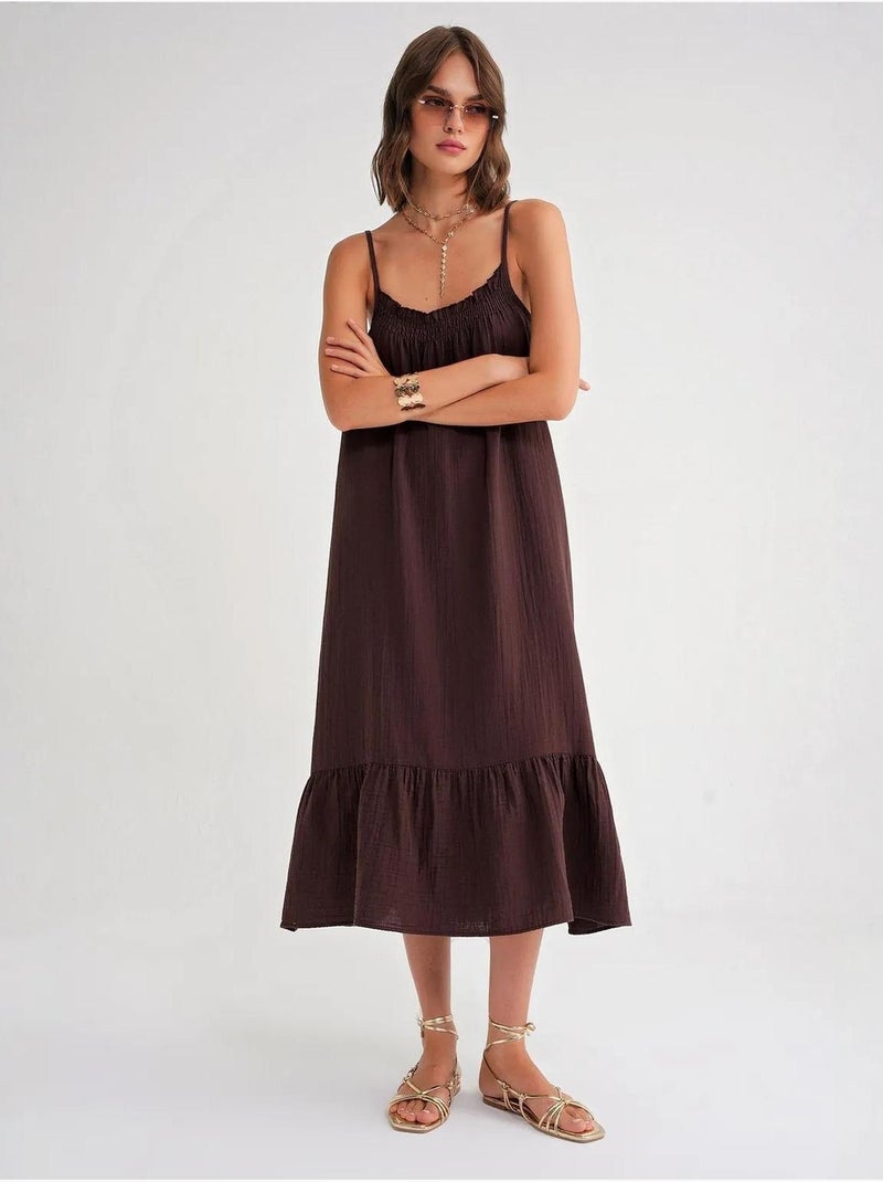Midi mousseline jurk met ruchesdetail mixray Chocoladebruin - Kiabi