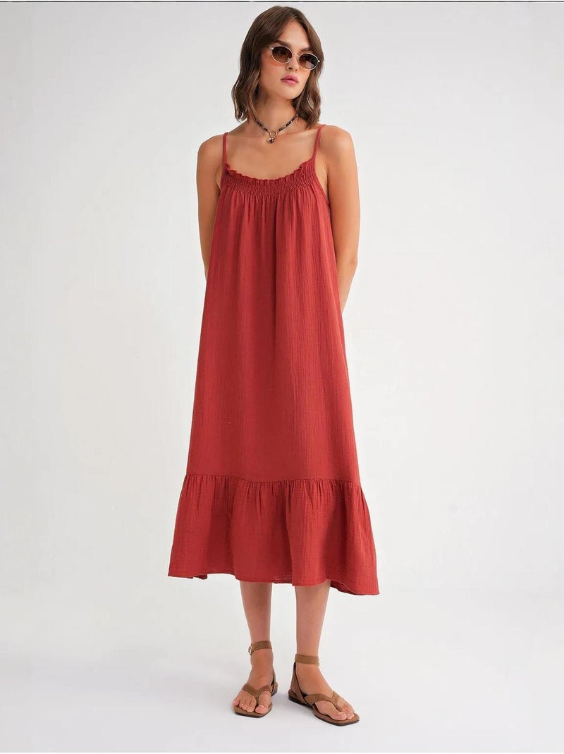 Midi mousseline jurk met ruchesdetail mixray Donkerrood - Kiabi
