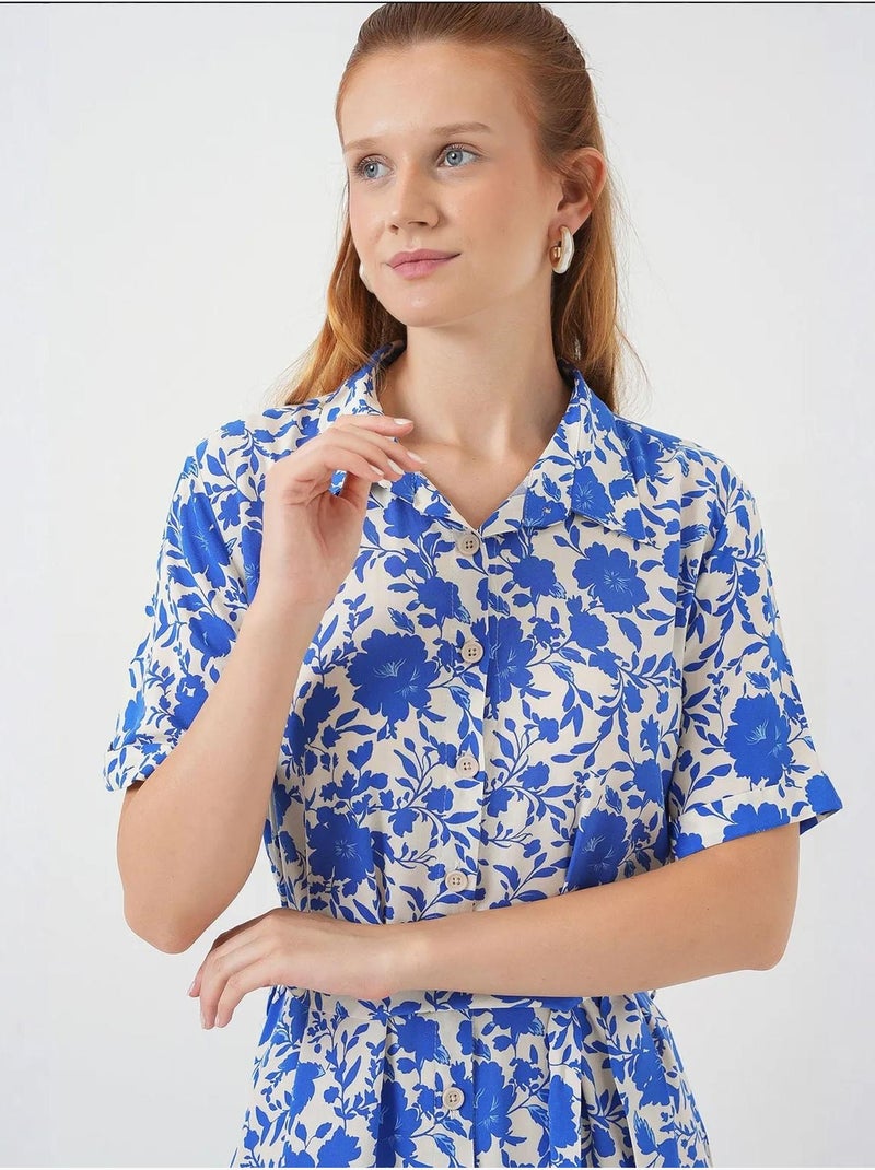 Midi-overhemdjurk met patroon bdart Electrisch blauw - Kiabi