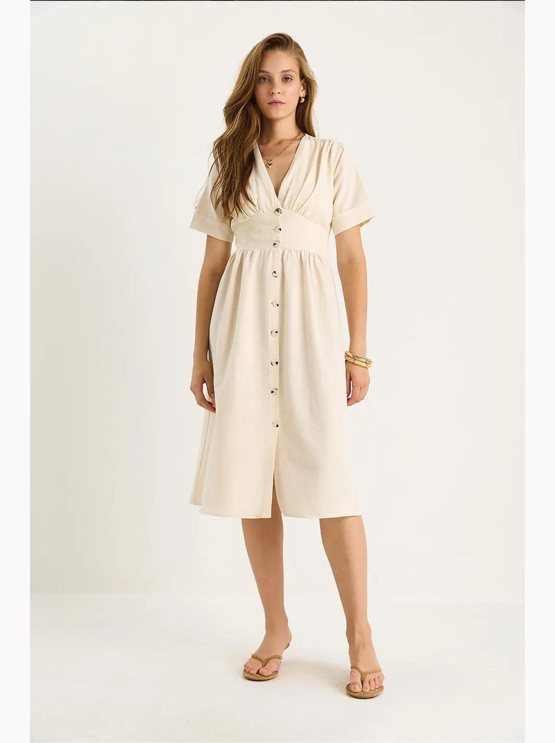 Midi-overhemdjurk met v-hals en knopen lucci Klei-beige - Kiabi