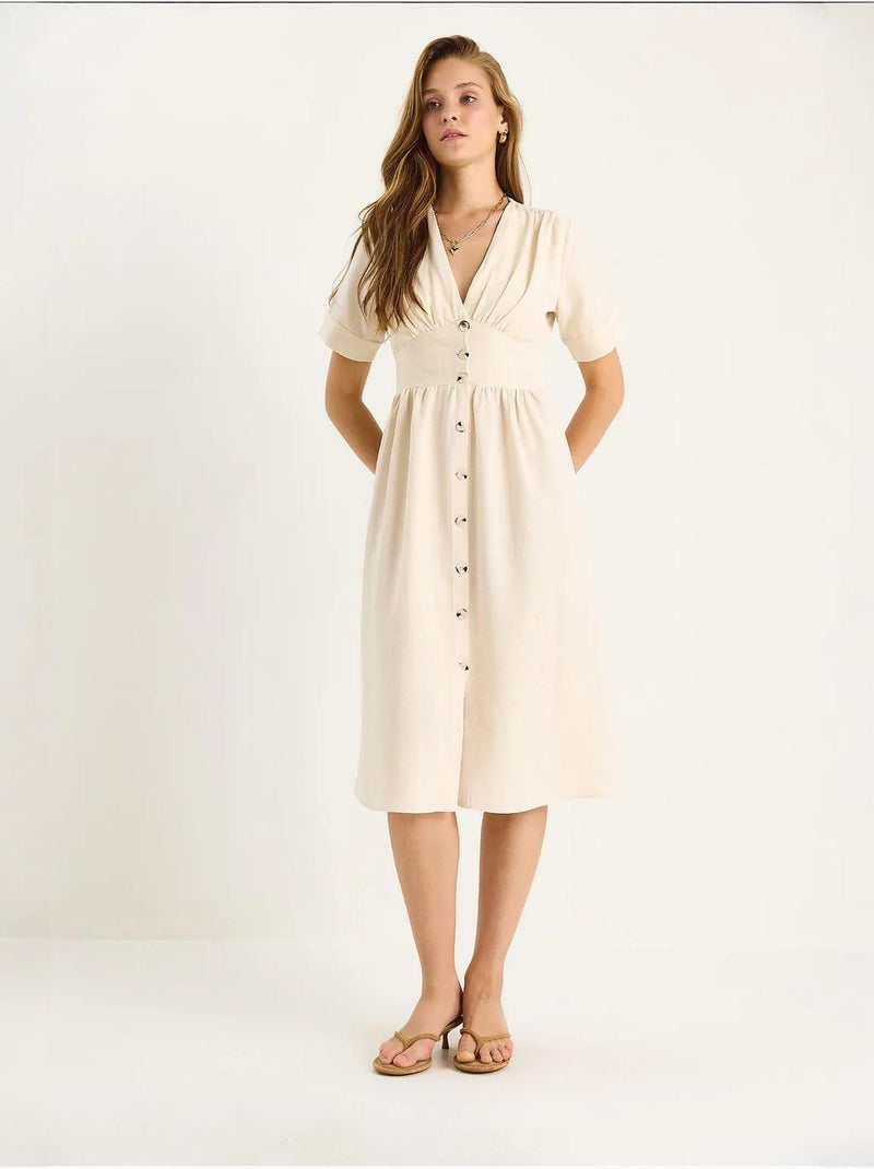 Midi-overhemdjurk met v-hals en knopen lucci Klei-beige - Kiabi