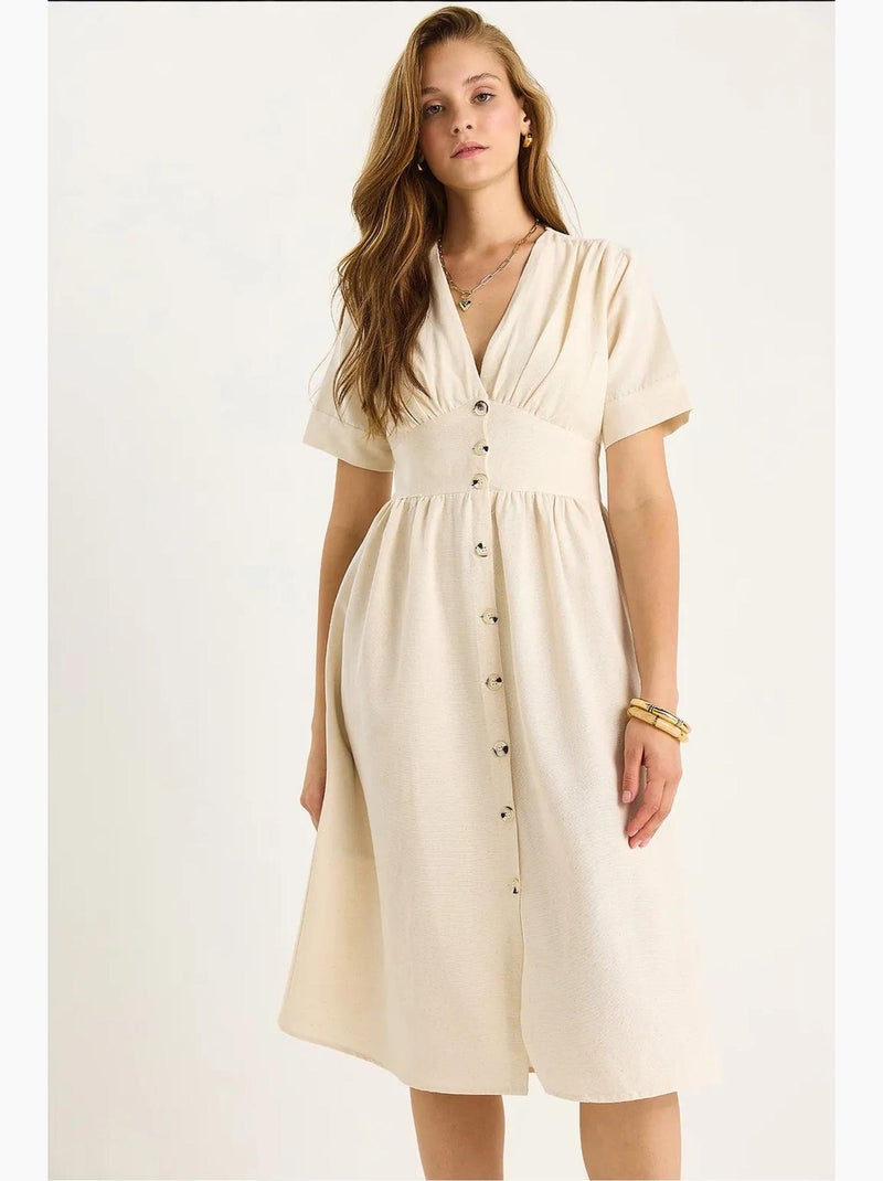 Midi-overhemdjurk met v-hals en knopen lucci Klei-beige - Kiabi