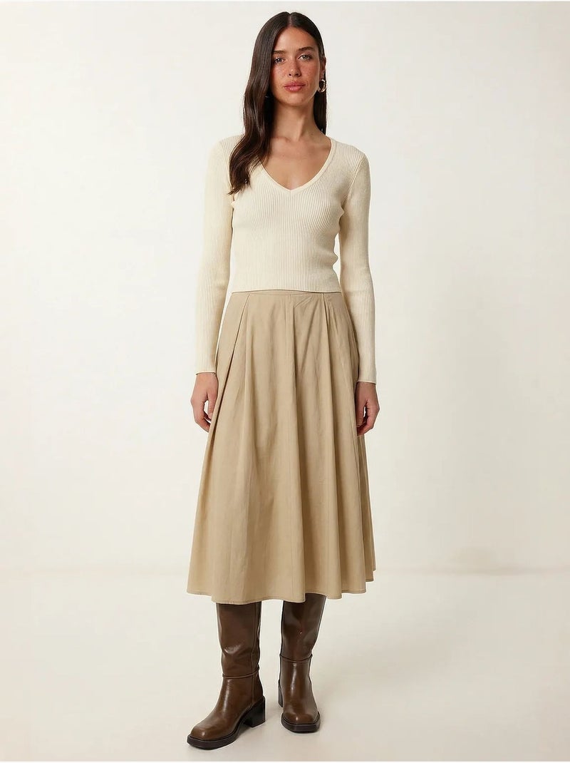 Midi-rok met hoge taille en a-lijn model istanbul Klei-beige - Kiabi