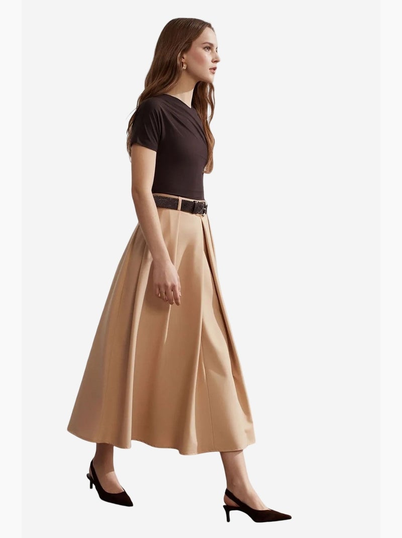 Midi rok met hoge taille en ceintuur dilvin Klei-beige - Kiabi