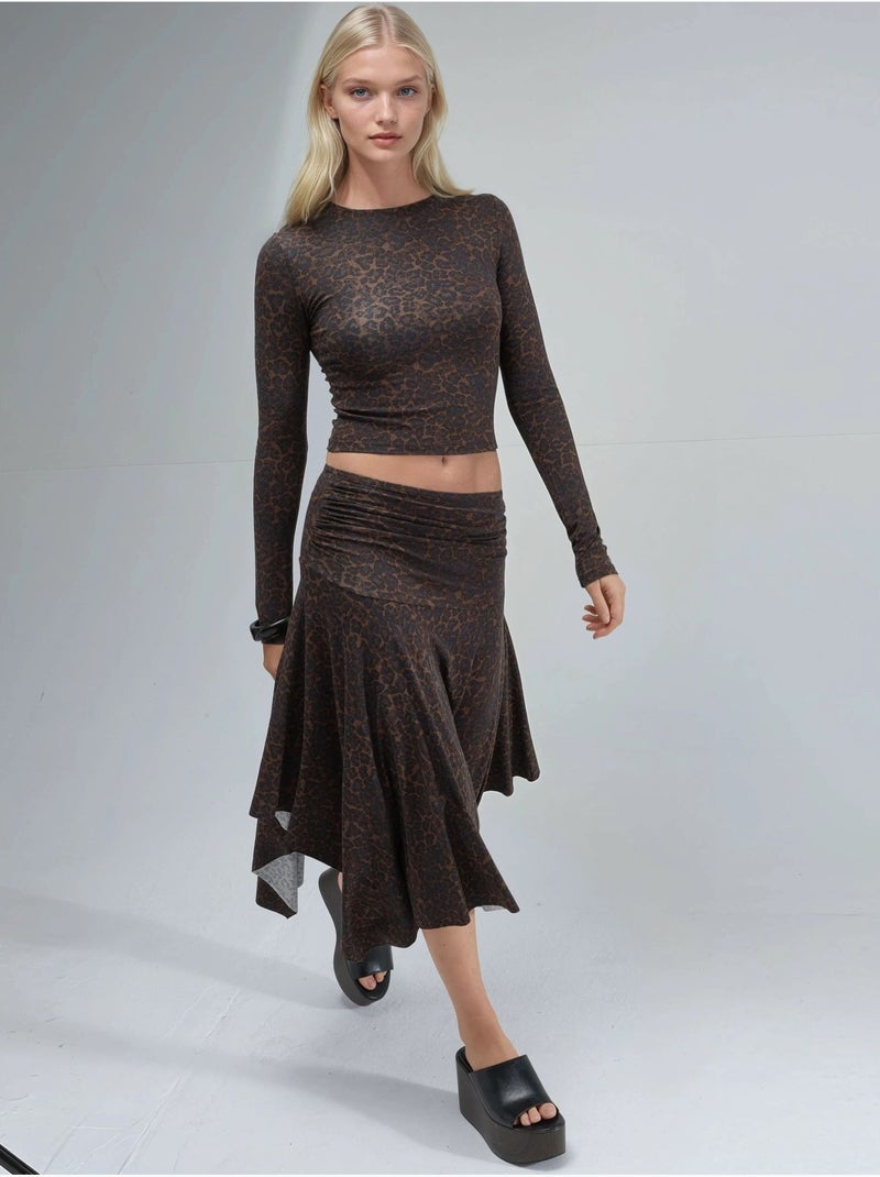 Midi-rok met hoge taille, luipaardprint en asymmetrische snit busem Lichtbruin - Kiabi