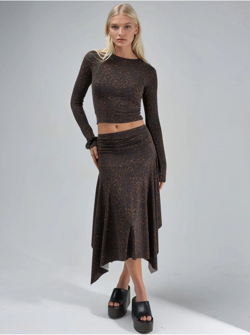 Midi-rok met hoge taille, luipaardprint en asymmetrische snit busem Lichtbruin - Kiabi