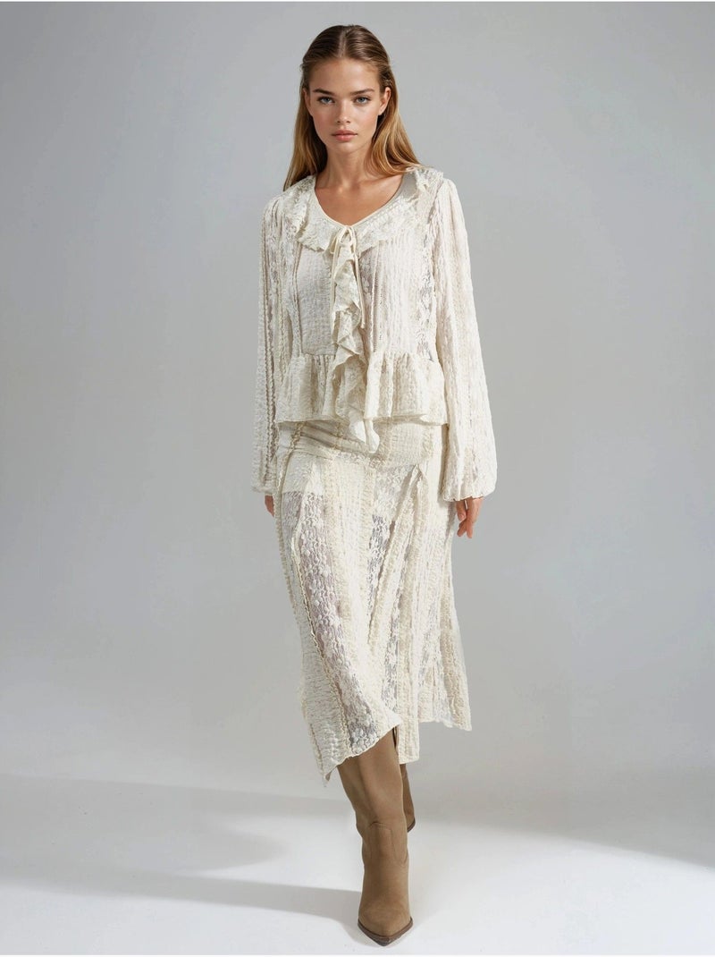 Midi-rok met hoge taille van kant in a-lijn busem Klei-beige - Kiabi